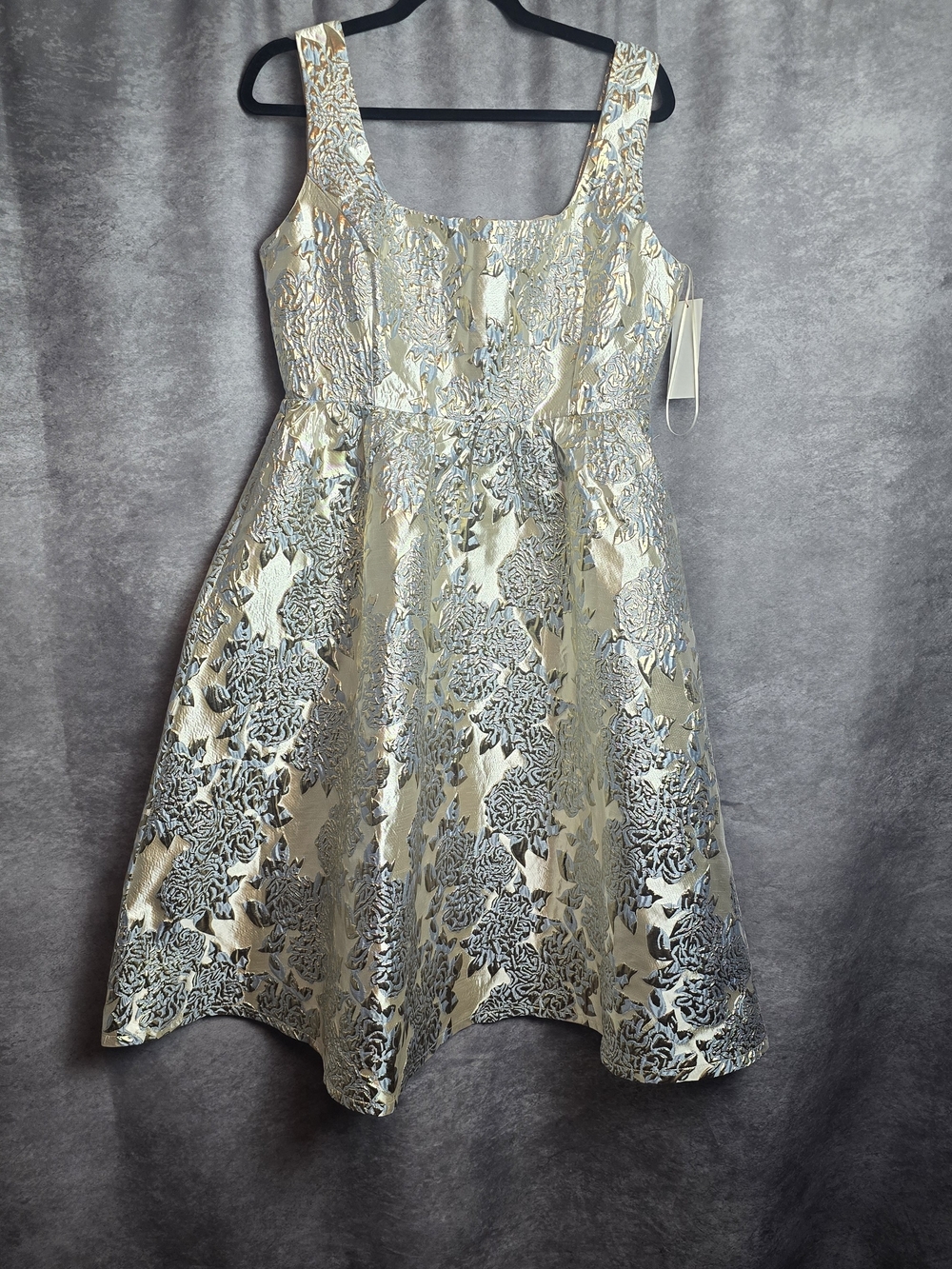 Aura Gold And Blue Floral Brocade A-Line Midi Dress